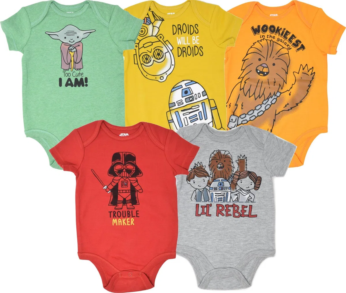 STAR WARS Chewbacca C-3PO R2-D2 Darth Vader Yoda - Paquete de 5 mamelucos de manga corta para recién nacidos a bebés