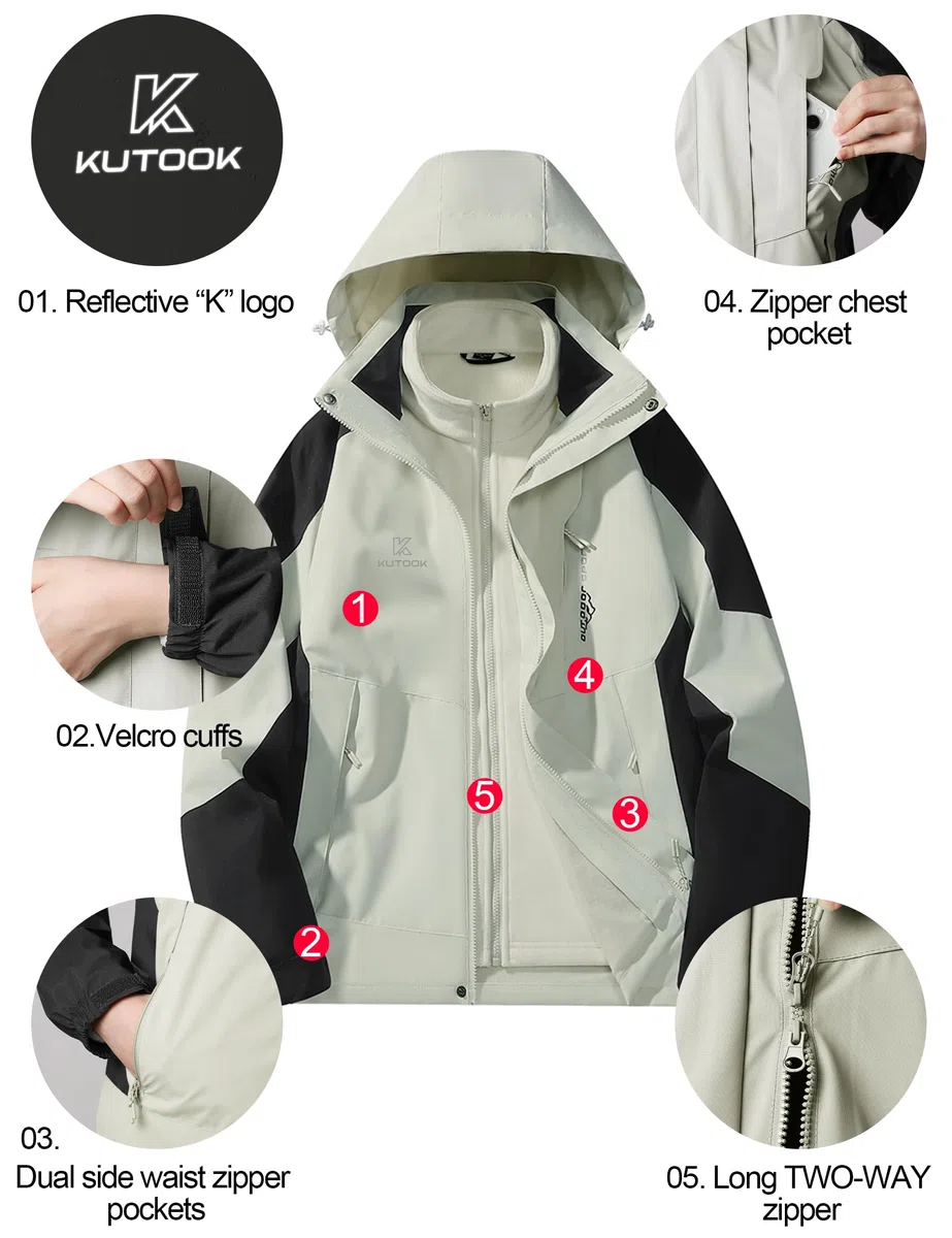 KUTOOK Chaqueta Softshell Impermeable para Mujer 3 en 1 Invierno Cortaviento con Cálido Forro Polar Senderismo Esquí Ciclismo