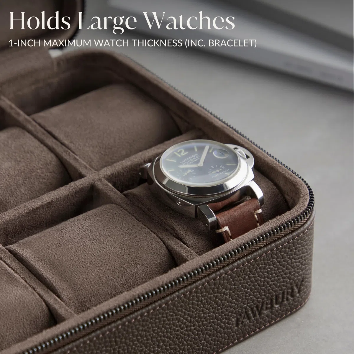 Funda para Reloj TAWBURY - Caja de Reloj de 6 Ranuras de Cuero Genuino de Grano Superior para Hombres y Mujeres con Almohadillas Extra Anchas para Relojes Grandes - Almacenamiento Portátil de Relojes