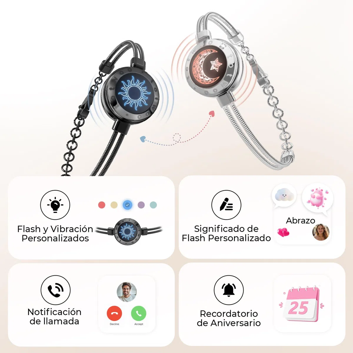 TOTWOO Pulseras de Pareja con Vibración, Iluminación y Toque a Distancia, Emparejamiento Bluetooth Uno a Uno por App, Regalo Romántico para Parejas a Distancia, Acero Inoxidable 316
