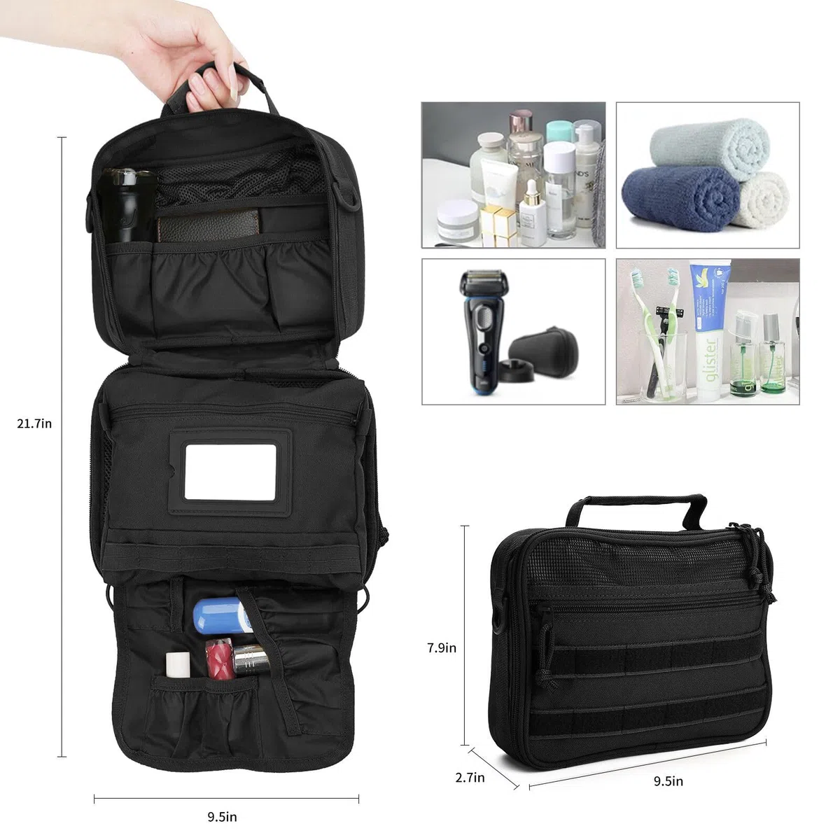 SUNRISING Neceser colgante para hombre, organizador de neceser de viaje, kit de aseo personal, bolsa de baño esencial de viaje para hombre, Negro, One Size, Táctica