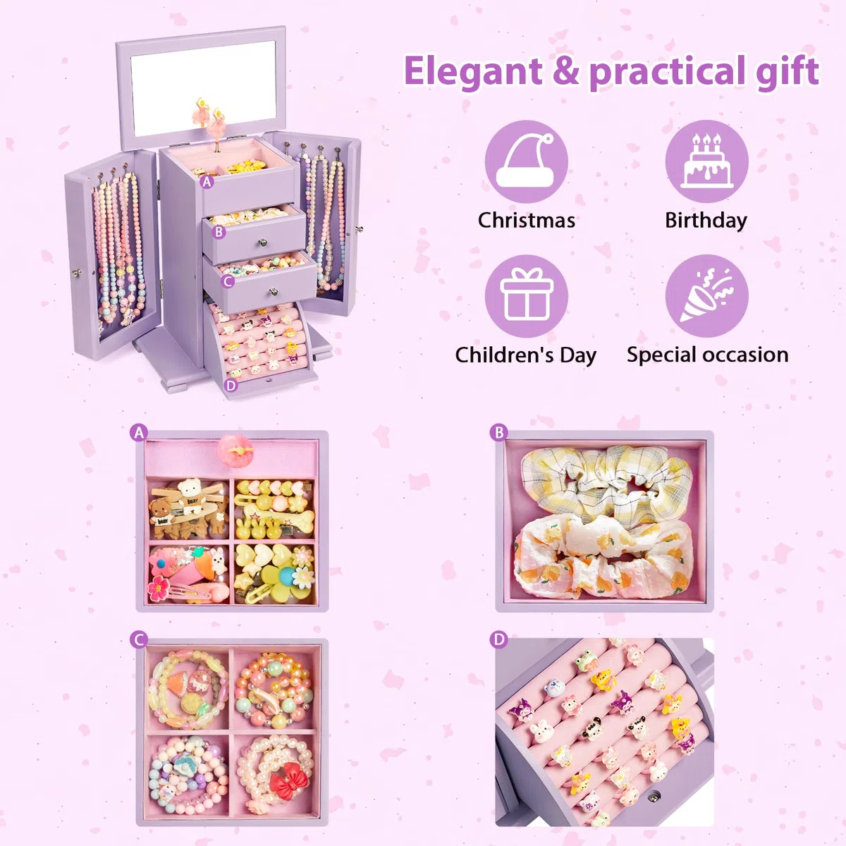 Caja de joyas para niña, 4 niveles, caja de música musical para niña, con bailarina de rotación, gran caja de música infantil de madera para niños, cumpleaños de regalo (púrpura)