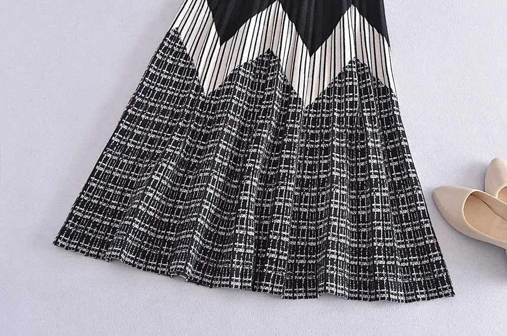 Faldas para Mujer Reino Unido,Falda De Invierno A Cuadros Cintura Elástica Onda Falda Plisada De Talle Alto De Punto Negro Faldas Plisadas Midi Acampanadas para(Coffee)