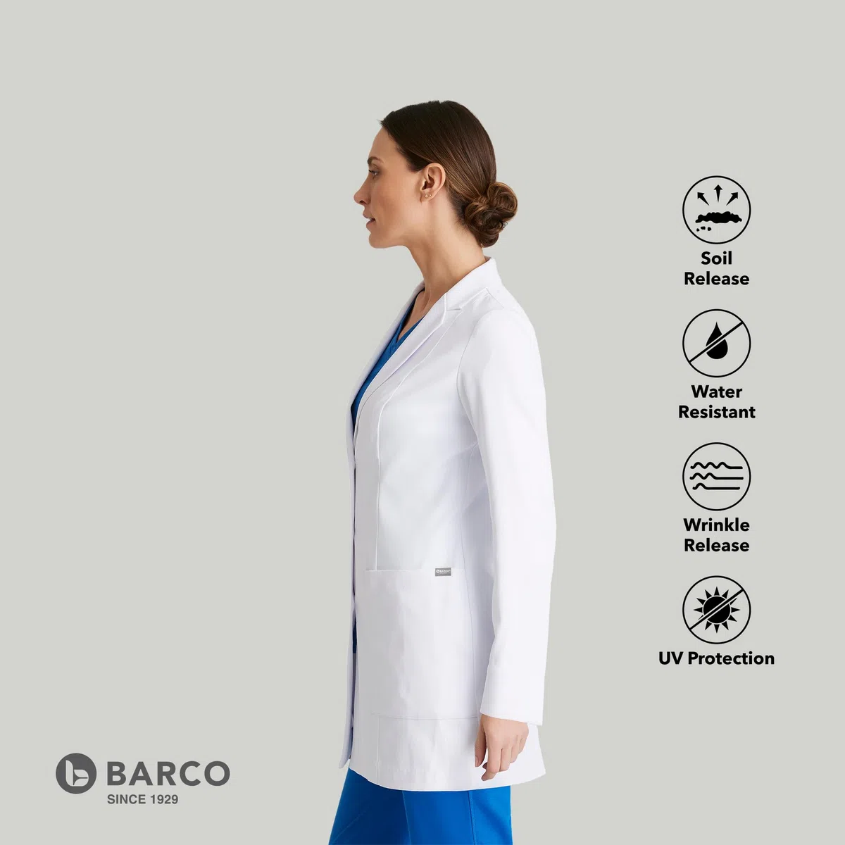 BARCO Merit - Abrigo de laboratorio para mujer, profesional, 3 bolsillos, cierre de 3 botones, manga larga, abrigo de laboratorio para mujer