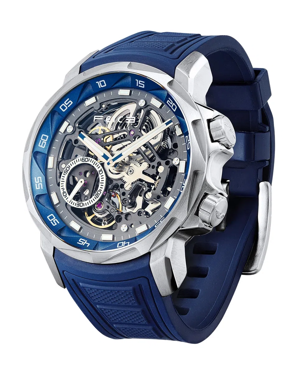 FEICE Reloj Automático para Hombre Esqueleto Cristal de Zafiro con Correa de Caucho Azul Caja de Acero Inoxidable 46mm FM511