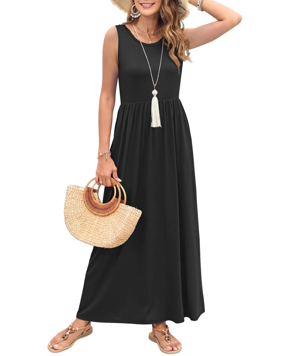MISFAY Vestido de Playa para Mujer Verano Casual Cuello en V Correa de Espagueti Vestido sin Mangas con Bolsillos