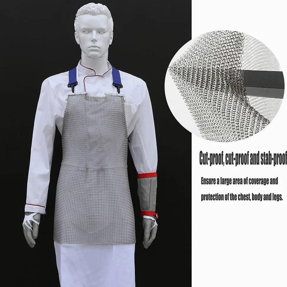 Delantal de malla resistente a los cortes, babero de trabajo de seguridad de acero inoxidable con correas ajustables para los hombros, diseño resistente a puñaladas para carniceros y uso culinario
