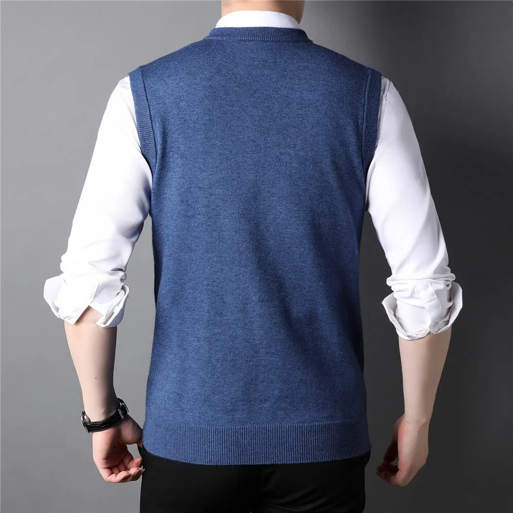 Chaleco de punto de cuello en V caqui de los hombres de otoño de negocios casual estilo clásico grueso sin mangas suéter chaleco, gris, L