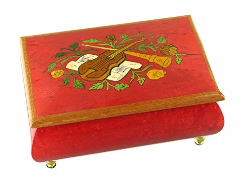 Caja de música para joyas/joyero musical de madera teñida de rojo con marquetería "instrumentos musicales" y mecanismo musical de resorte de 18 notas - Canon en re mayor de Pachelbel