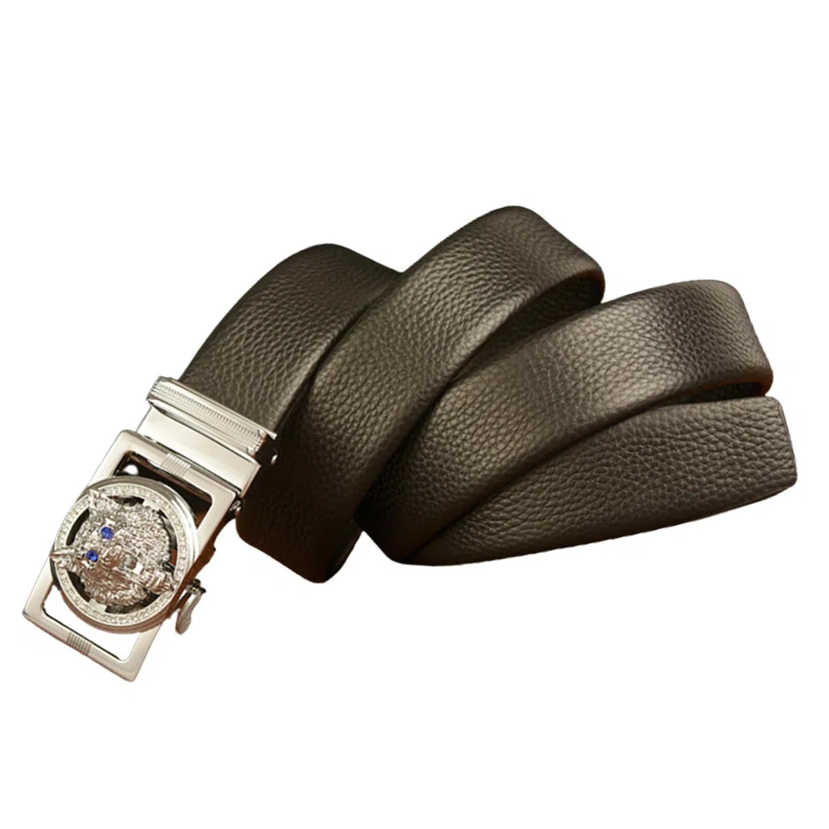 Cinturón De Trinquete Deslizante Neutro Con Hebilla Automática Grabada Diamantes Imitación Cabeza Lobo Plateada - Negro (cintura 110 Cm/36 "-38")