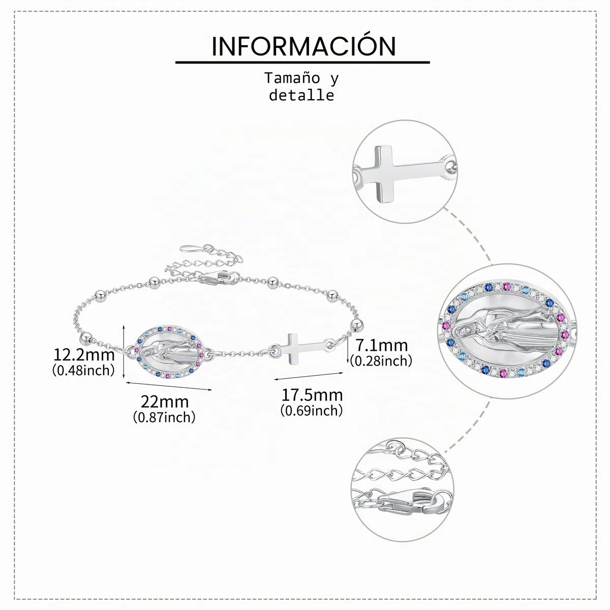 URONE Pulsera de la Virgen María de Plata de Ley con Rosario y Cruz Colgante Pulsera "Virgen de Guadalupe" Joyería Cristiana Regalos para Mujer