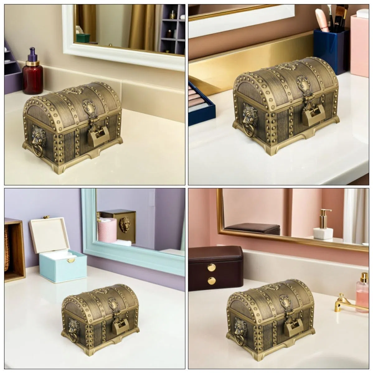 ibasenice Joyero de Estilo Europeo en Aleación con Cerradura, Caja Metálica para Anillos y Pendientes, Almacenamiento Organizado para Mujeres en Diseño Retro Palaciego