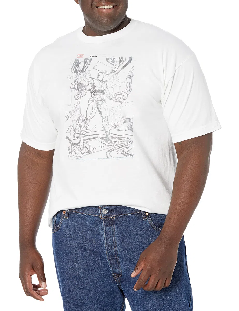 Marvel Ironman Sketch Camiseta, Blanco, XXL Grande Alto para Hombre