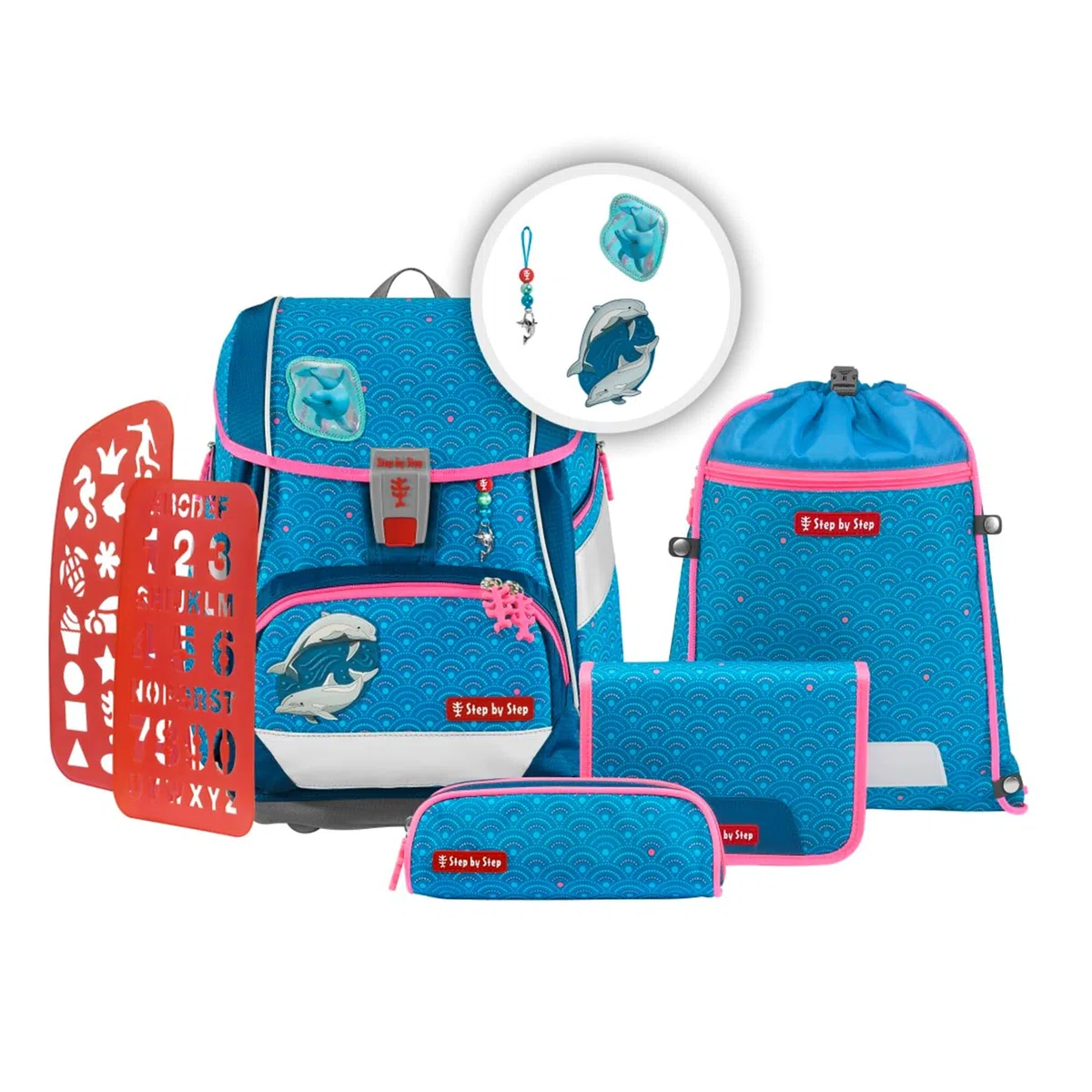 Step by Step Juego de mochila escolar 2 en 1 Plus, 6 piezas, macuto ergonómico con reflectores, altura regulable con cinturón de cadera, a partir de la primera clase, 19 l, Dolphin Pippa -