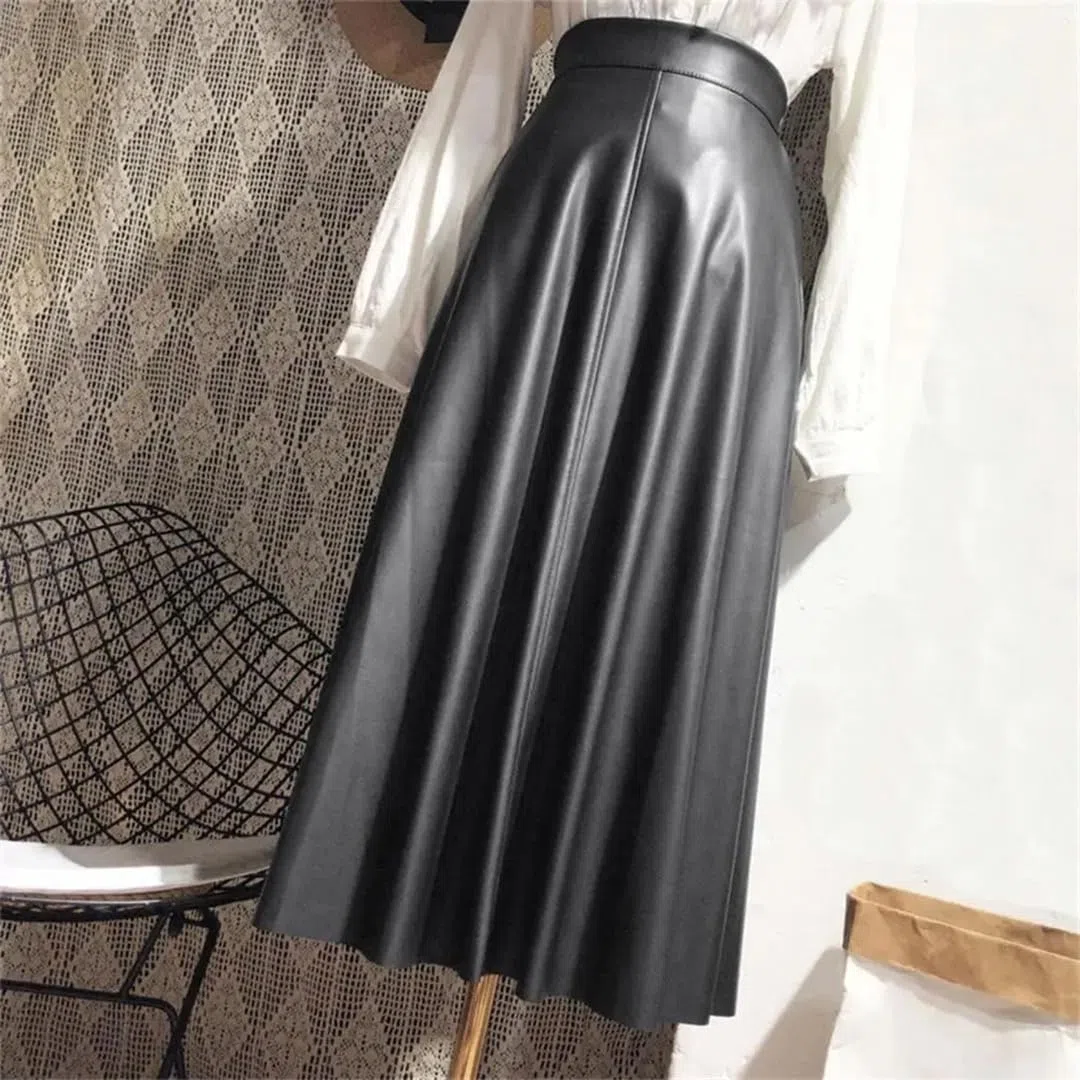 Faldas de cuero para mujer, cintura elástica, bolsillos laterales, falda maxi de piel sintética, color sólido, falda de oficina para mujer