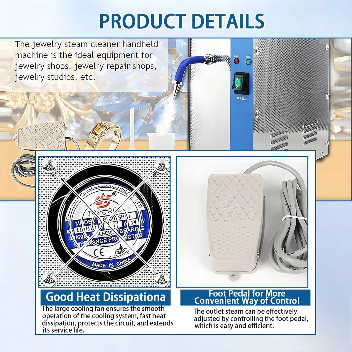 Limpiador Vapor Pro Joyas 2L, Acero Alta presión Silver | 1300W, calentamiento 8 min. Limpia cadenas, gafas, componentes & metales. Depósito 2L. Acero inox.