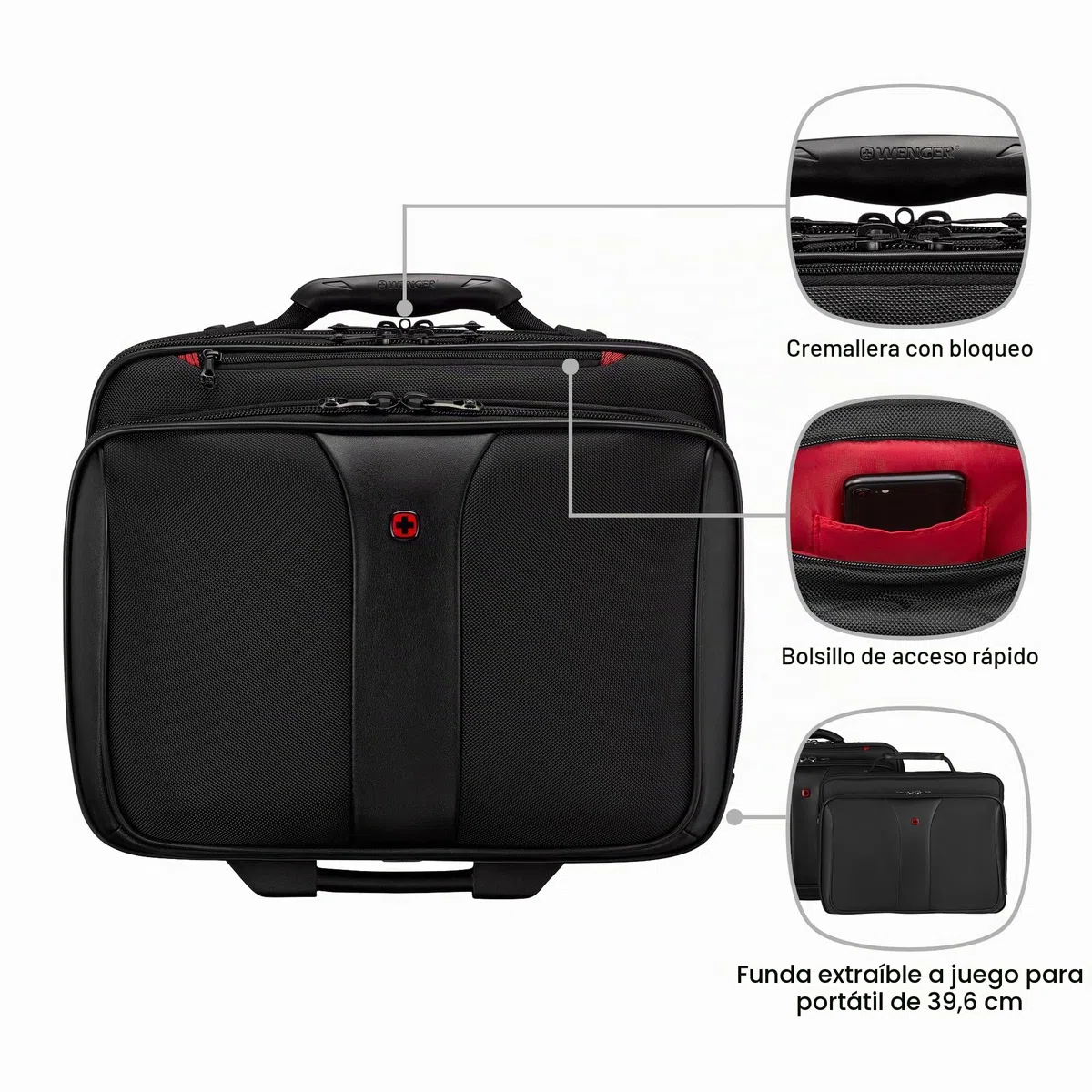 Wenger Patriot Maletín de 2 Piezas para portátil de hasta 17 Pulgadas, Funda extraíble para portátil de 15,6 Pulgadas, 25 l, Mujer Hombre, Oficina Viajes Negocios, Negro, 600662