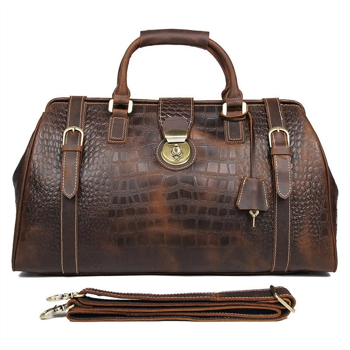Hombre Bolso de Viaje de Equipaje Fin de Semana, Cuero Viaje Duffel Patrón de cocodrilo Unisex Casual Equipaje Bolso Gimnasio Deportes Pernocte Fin de semana Retro Lleve en la bolsa Marrón Bolsa para