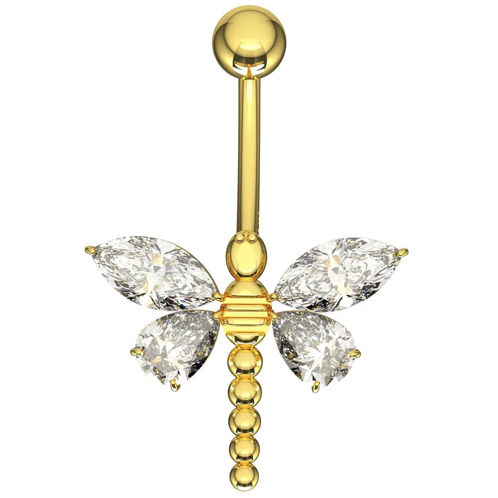 Piercing para ombligo de oro amarillo macizo de 14 quilates con circonita cúbica y libélula – Joyería para el ombligo de 14 quilates – Piercing para el ombligo calibre 1, 14 Gauge - 14mm