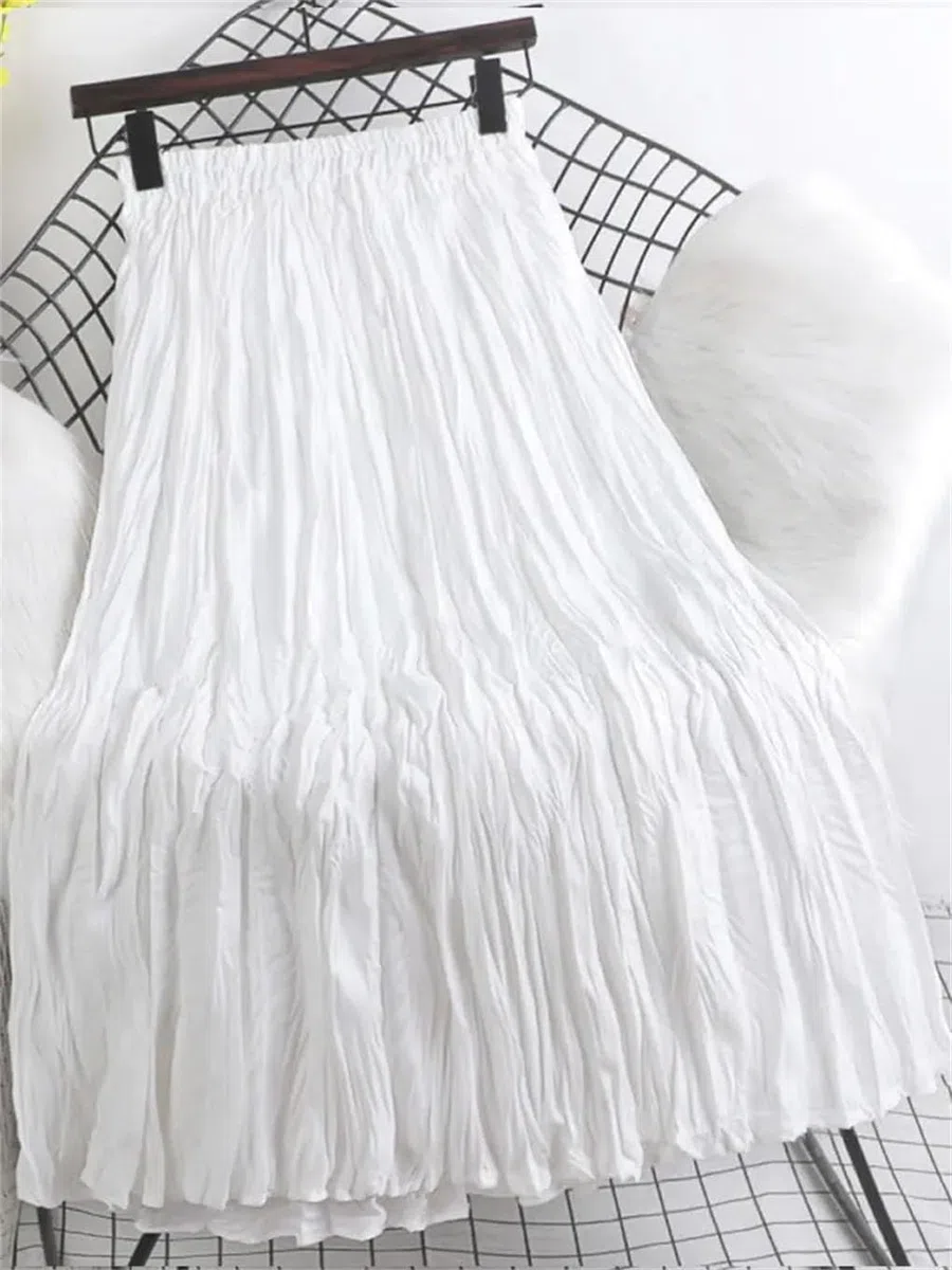 Faldas plisadas de cintura alta de color liso para mujer, longitud media, falda casual acampanada