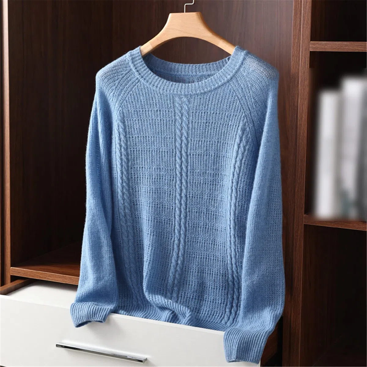 Kelsiop Primavera y otoño 100% suéter de cachemira de las mujeres suéter de cuello redondo casual de punto suelto de moda suéter cálido, beige, M
