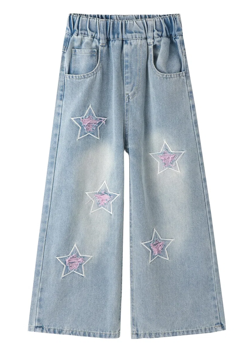 Jeans rasgados para niñas, cintura alta elástica, pierna ancha, pantalones de mezclilla desgastados con bolsillos, holgados, casuales, ropa de calle 5-14 años, star, 5-6 años