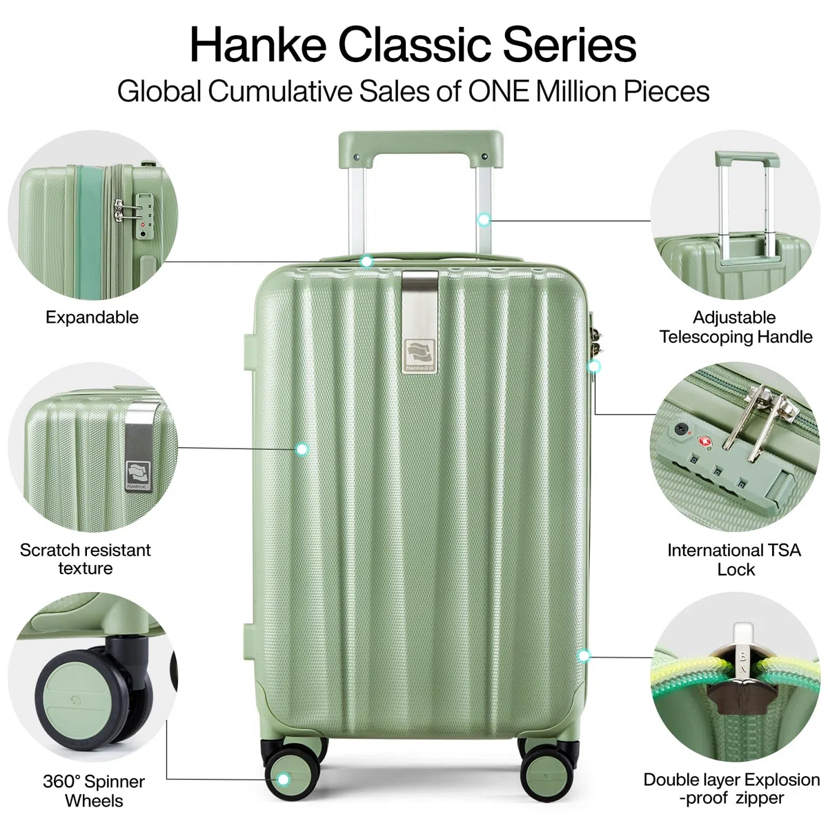 Hanke Maleta de mano ligera de 20 pulgadas, maleta rígida de policarbonato con ruedas, Verde bambú, 24 inch Expandable, Equipaje de mano