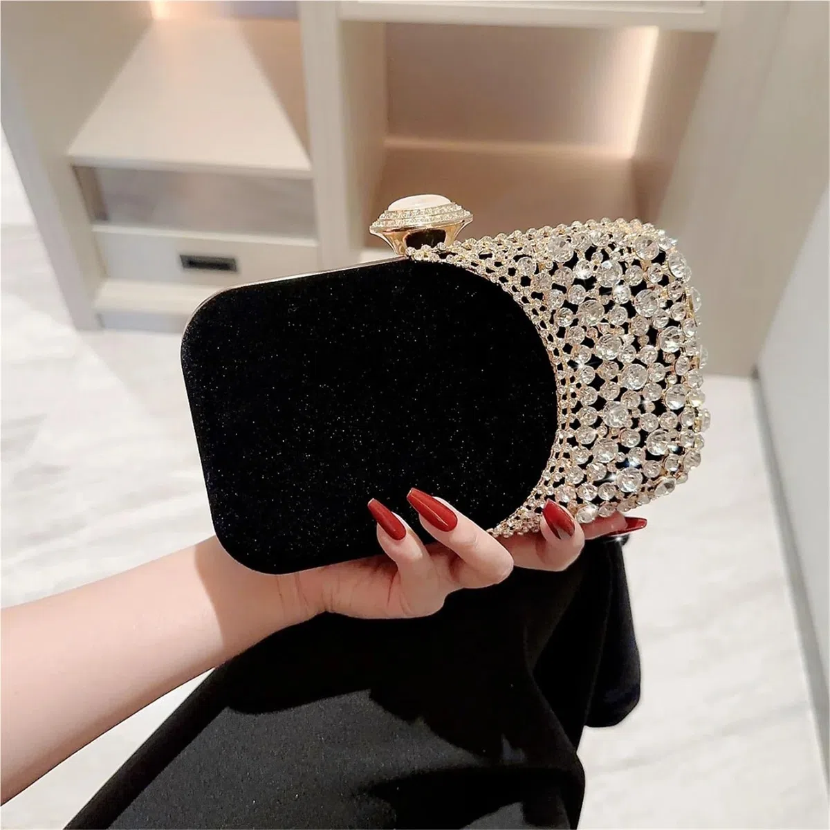 Design - Bolso de noche para mujer, de terciopelo con purpurina, para boda, fiesta, con cadena de hombro, diamantes