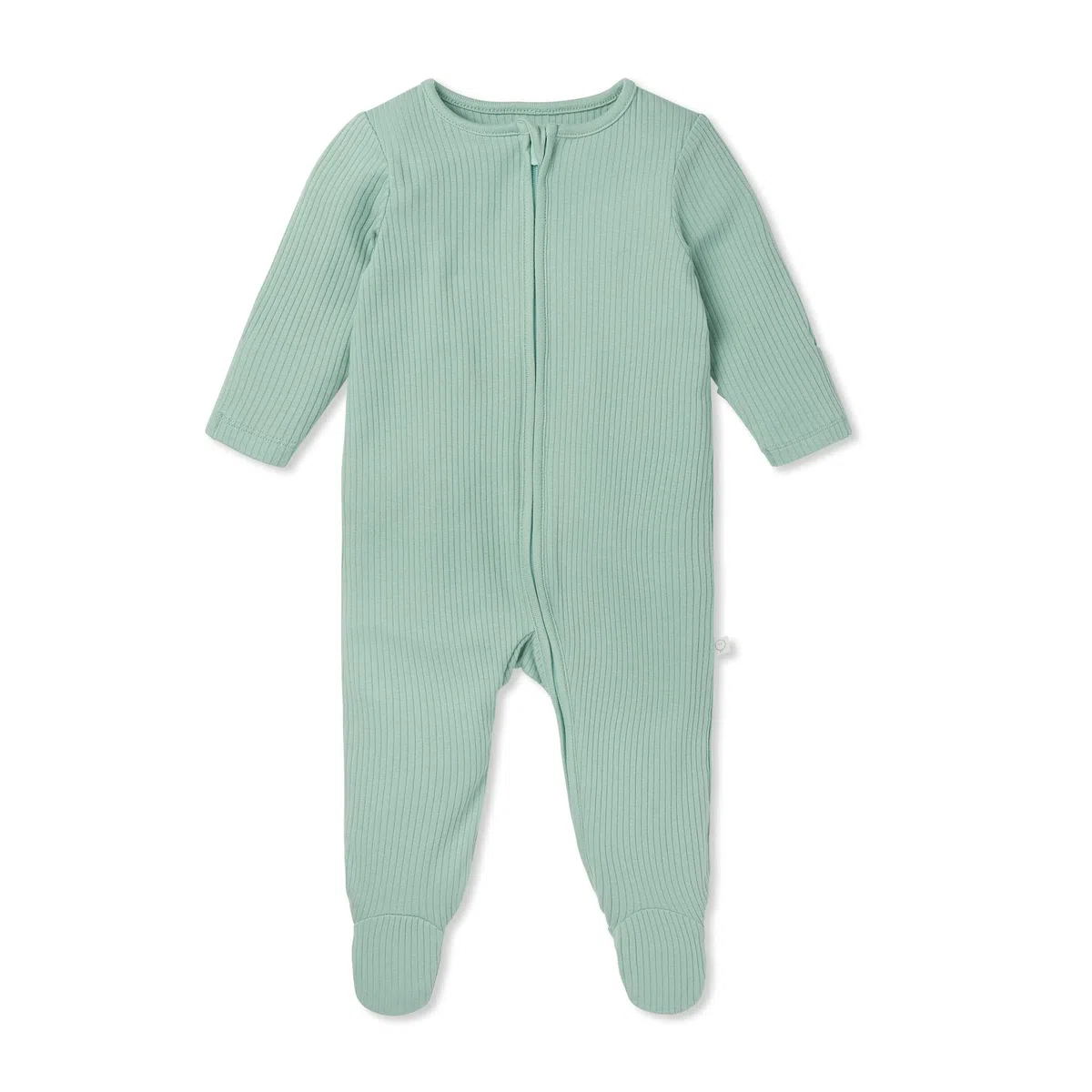 MORI Pijama unisex de canalé con cremallera bidireccional para bebé en color menta - Ropa de dormir cómoda de bambú y algodón orgánico - Pijama para niños pequeños con diseño de pies - 9-12 meses