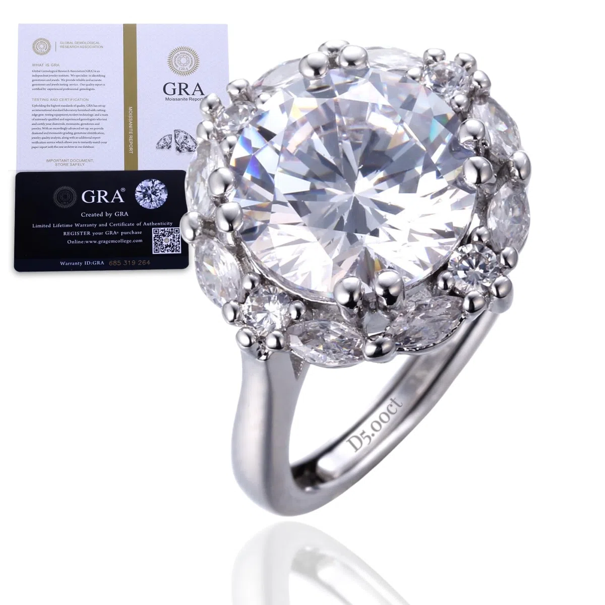 HALUKAKAH Anillo Moissanite D Color 5.0 ct Lujo,Diamante Cultivado en Laboratorio de 5 Quilates con Certificado,Plata de Ley Chapado en Platino,Ajustable,para Esposa,Novia,Cumpleaños,Aniversario,Boda
