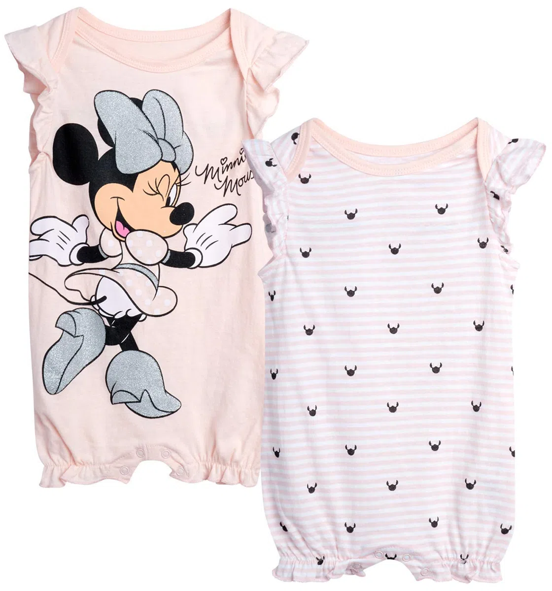 Disney Baby Girls Romper 2 Pack: Minnie Mouse Ruffle Sleeve Romper (Newborn/Infant), Size 0-3 Months, Baby Pink Minnie/Baby Pink Heart Stripes