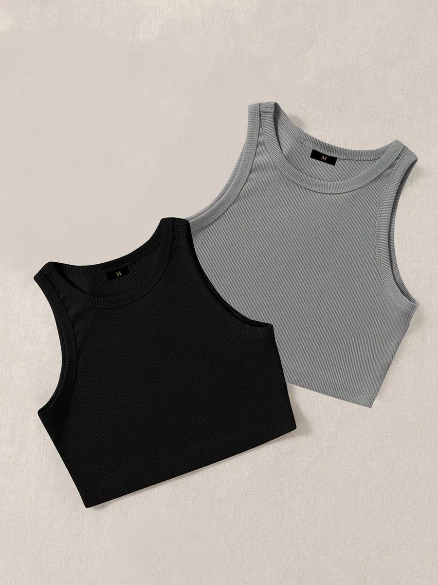 Pack de 2 camisetas sin mangas acanaladas elegantes con cuello redondo para mujer y top corto occidental