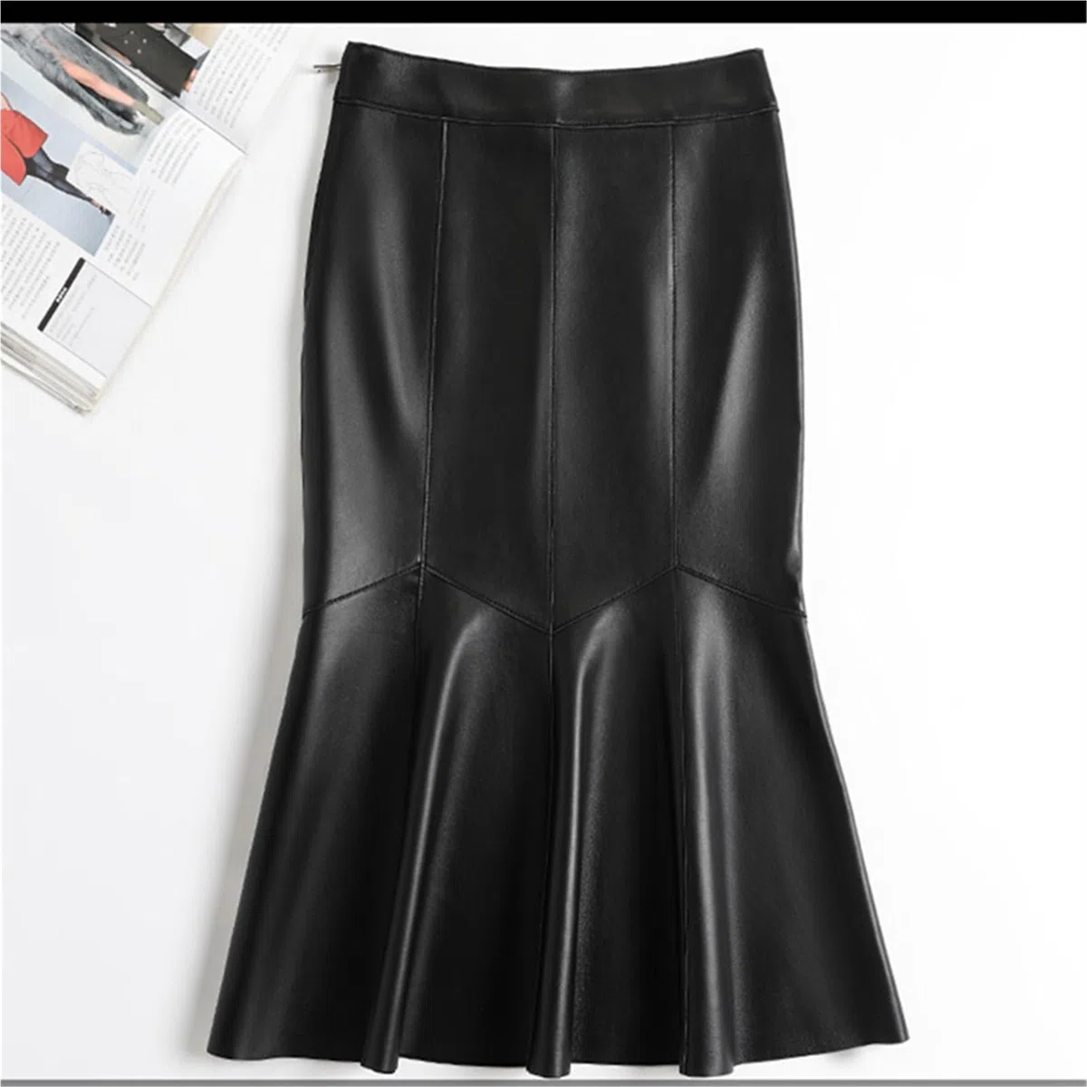 Falda Ajustada con Cola De Pez Falda de Cuero for Mujer, diseño de Cola de pez, Midi, Cintura Alta, señoras, otoño e Invierno