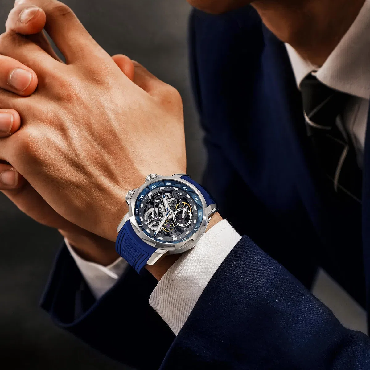 FEICE Reloj Automático para Hombre Esqueleto Cristal de Zafiro con Correa de Caucho Azul Caja de Acero Inoxidable 46mm FM511