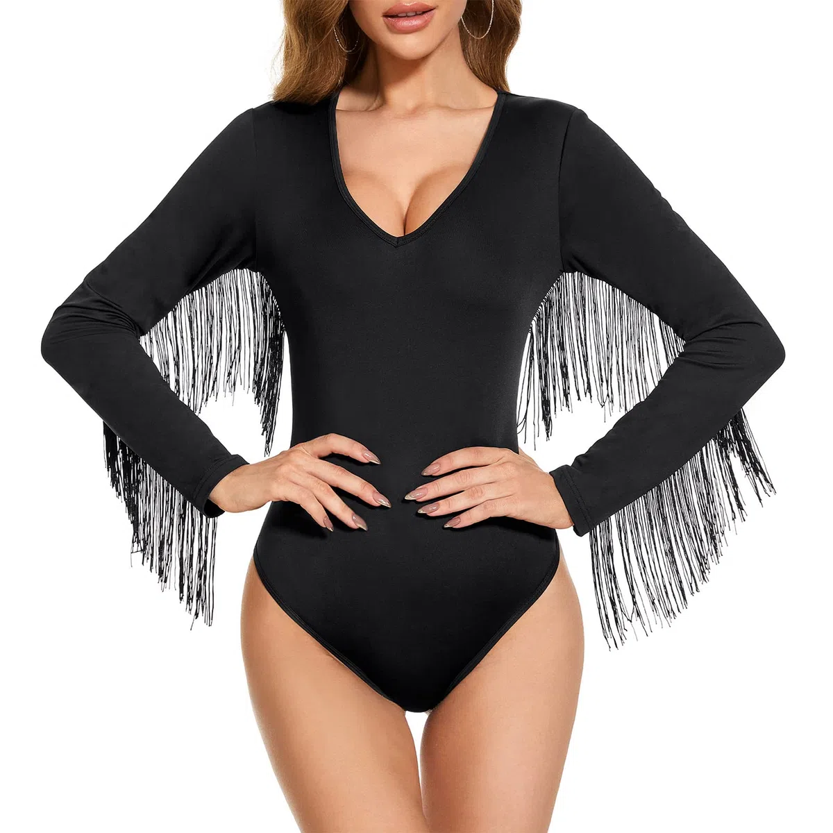 American Trends Body de manga larga con cuello en V y ribete de flecos para mujer, traje de concierto, vaquera, discoteca, overol de leotardo, negro, talla XL, Negro, XL