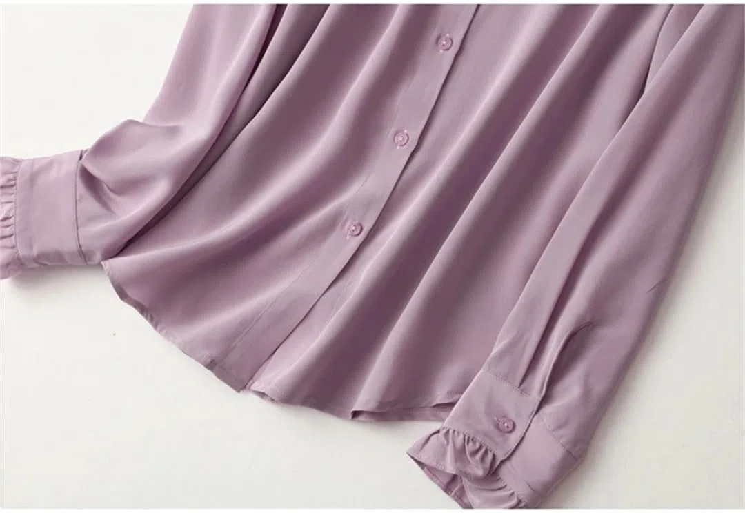 Disimlarl Blusa de seda de morera para mujer, color liso, de manga larga, para oficina, trabajo, camisas casuales
