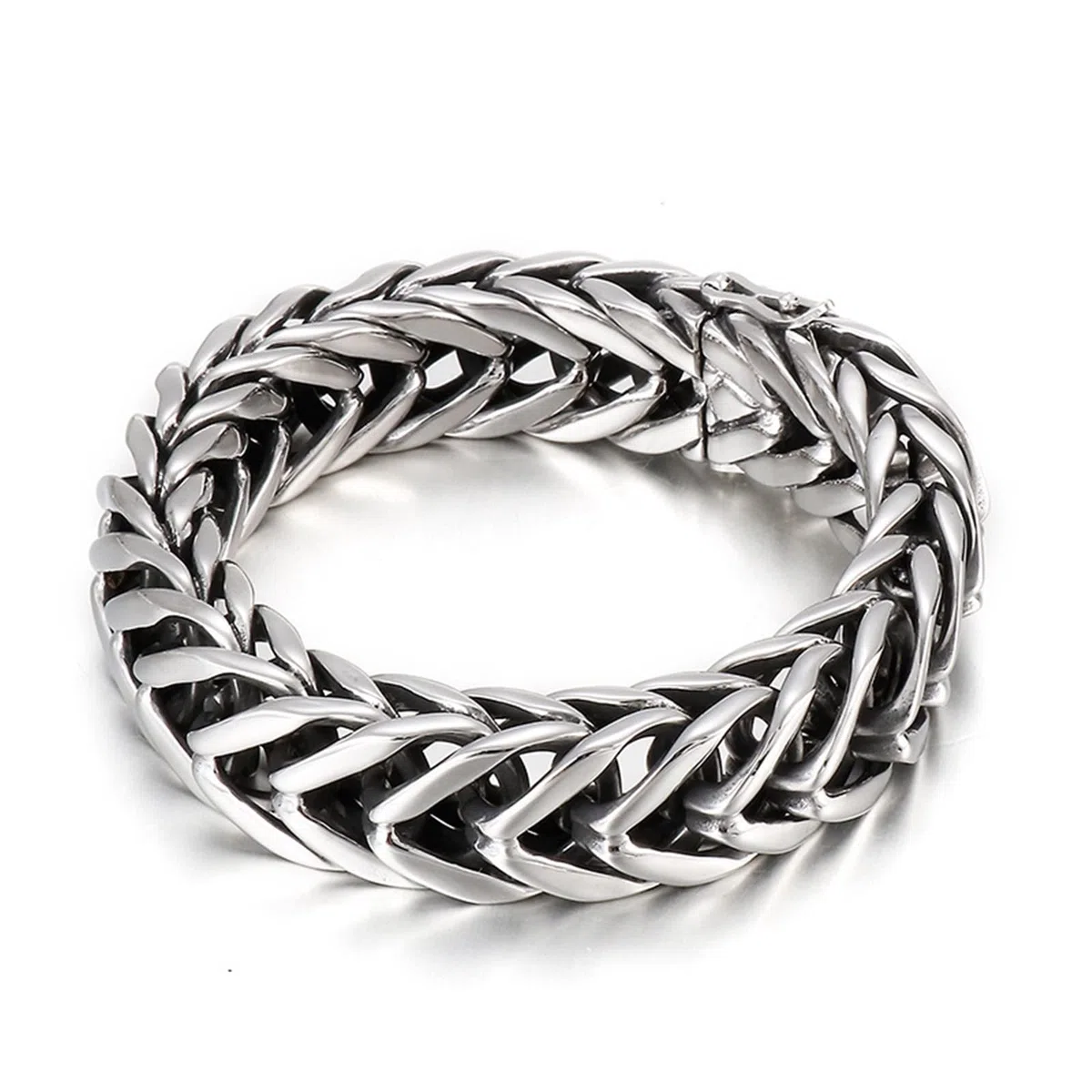 Pulseras de encanto, para hombre cubano, pulsera de eslabones de plata de acero inoxidable en forma de V, diseño de hebilla de 220x17mm para los hombres