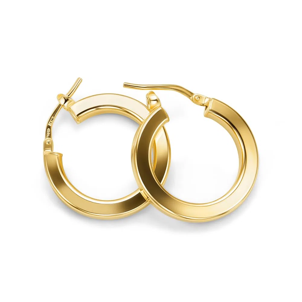 Miore Pendientes Mujer Plata de Ley 925 Bañados Oro 18K 750 de 15mm, Aros Redondos de Oro Amarillo 9 Quilates con Tubos Planos de 20mm, Hechos a Mano en Italia, Joyas Dorados con Joyero