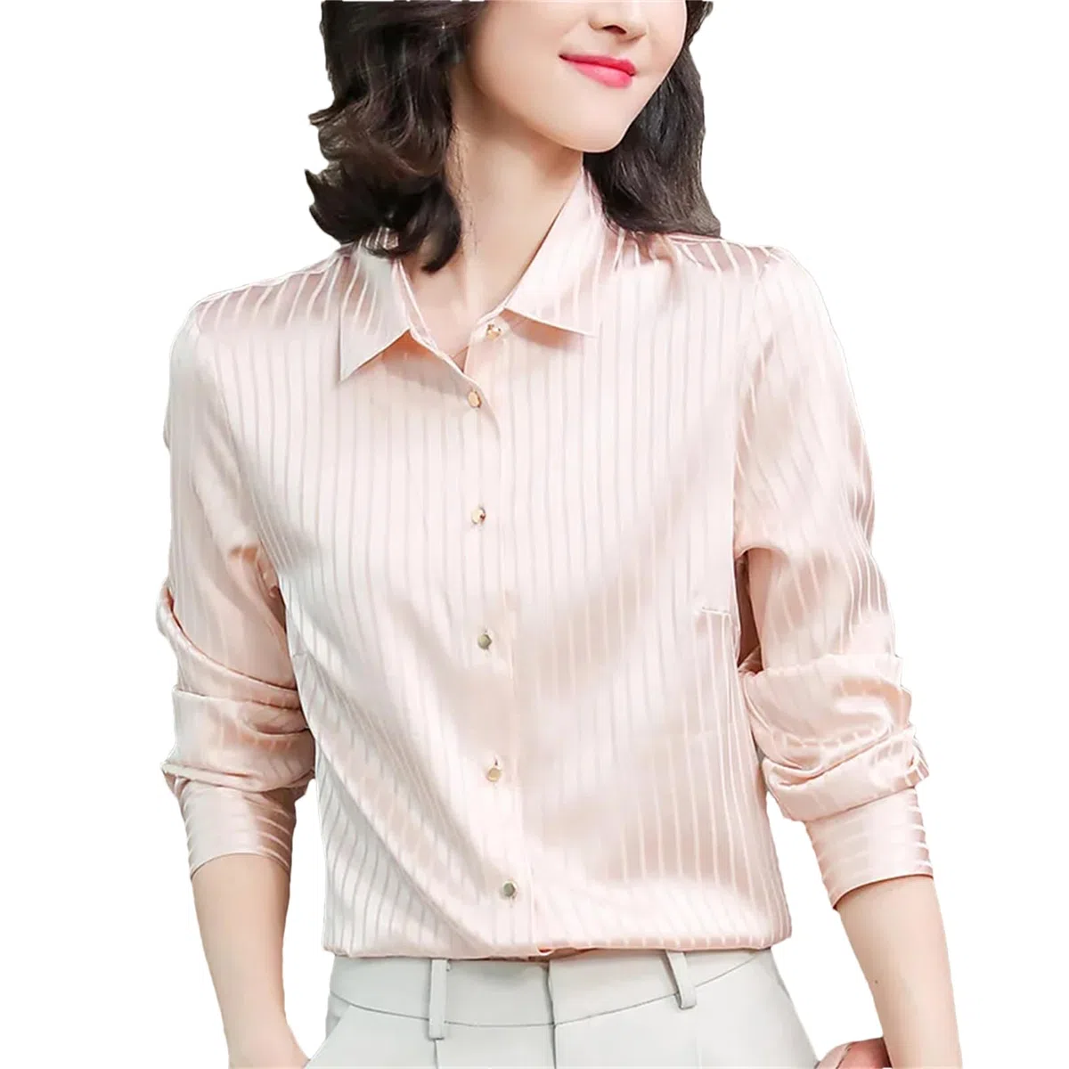 Blusa básica de satén de seda para mujer, cuello vuelto, manga larga, blusa a rayas