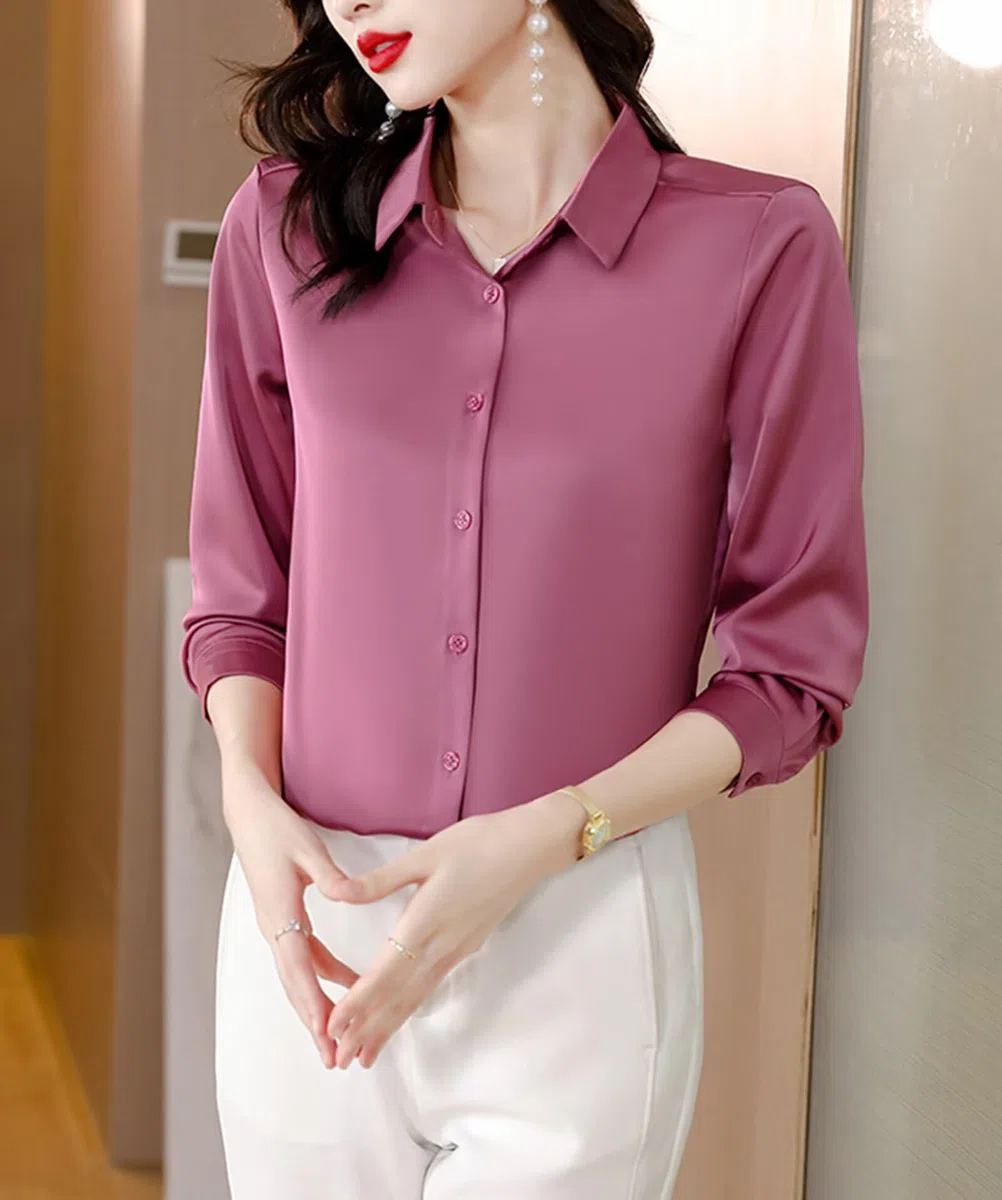 Camisa de Seda Mujer 100% Seda Blusa Manga Larga Elegante para Oficina