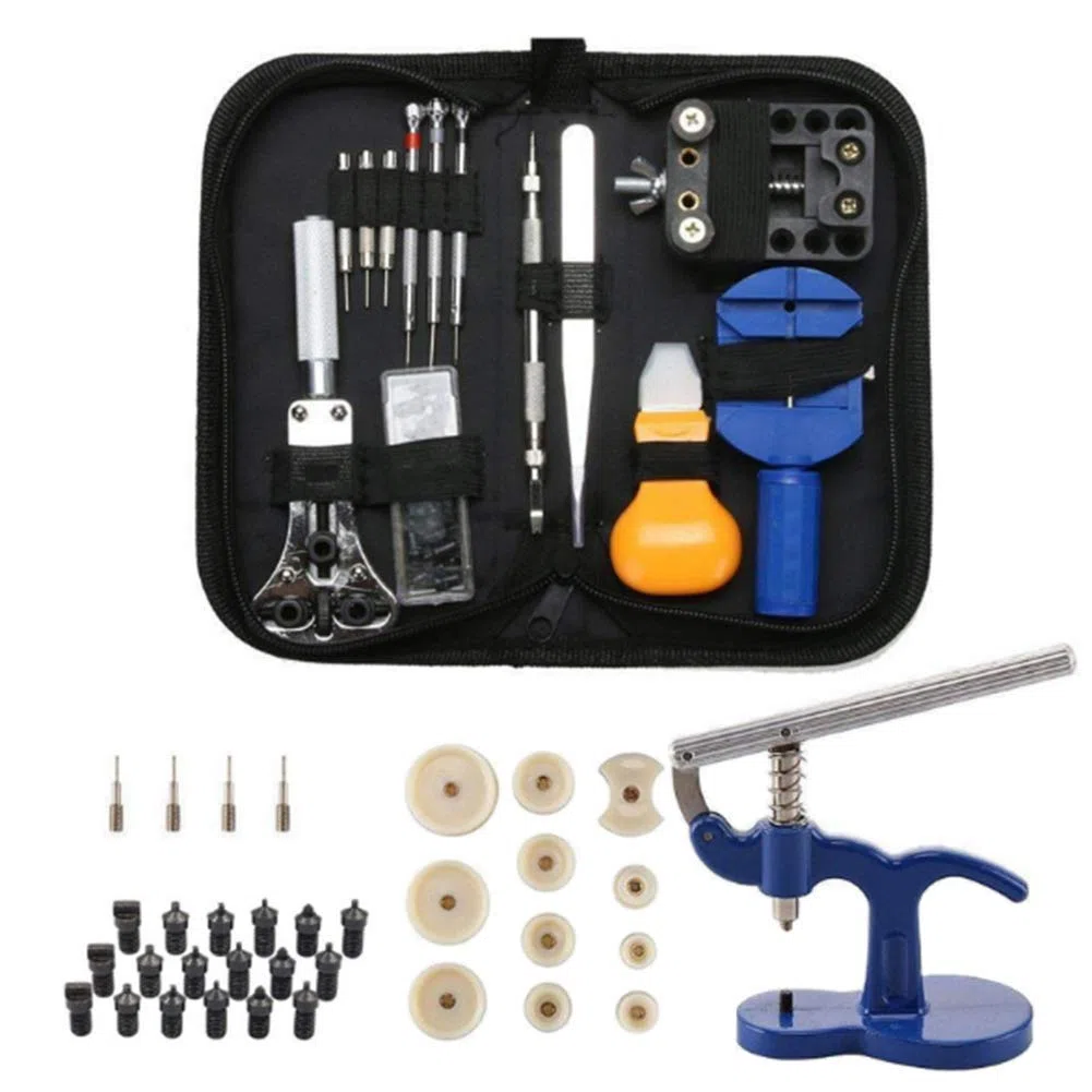 Kit de reparación de relojes, juego de herramientas de pin de enlace de correa de reloj con funda de transporte, kit de herramientas de repuesto de batería de reloj, incluye herramienta de prensa de