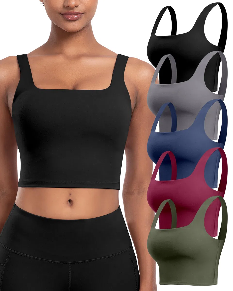 Sujetadores deportivos para mujer, paquete de 5 unidades, camiseta corta de cuello cuadrado para entrenamiento, camiseta de yoga acolchada con almohadillas integradas