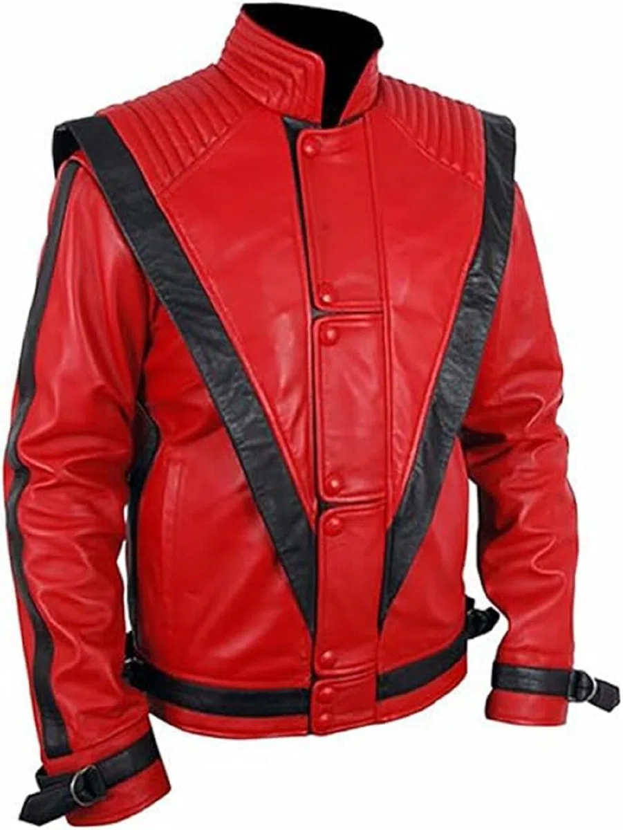Chaqueta de cuero MJ Thriller para hombre, color rojo real y sintético