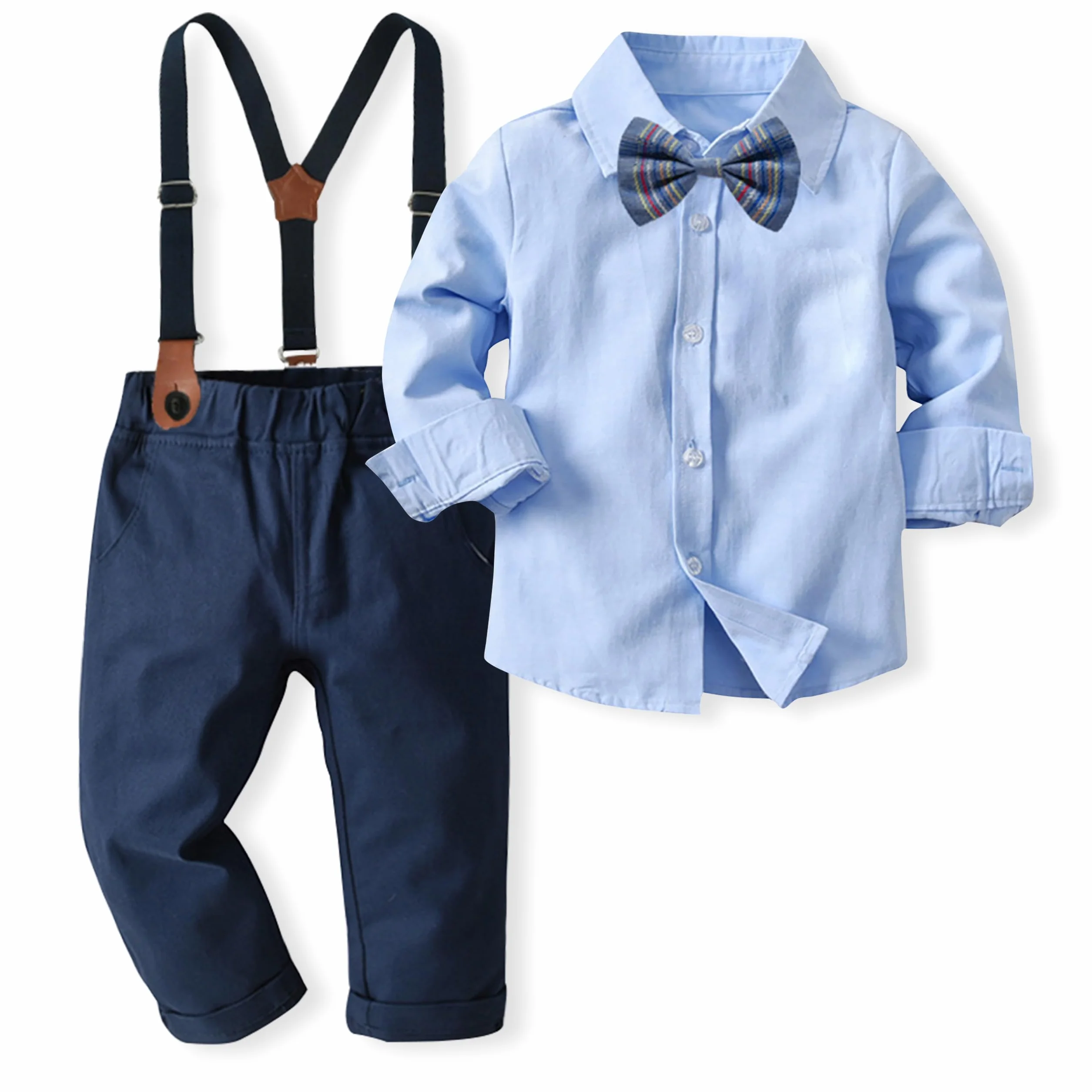 Volunboy Conjunto de ropa para niños pequeños, traje de boda de manga larga, corbatín, vestido formal, camisas, tirantes, pantalones
