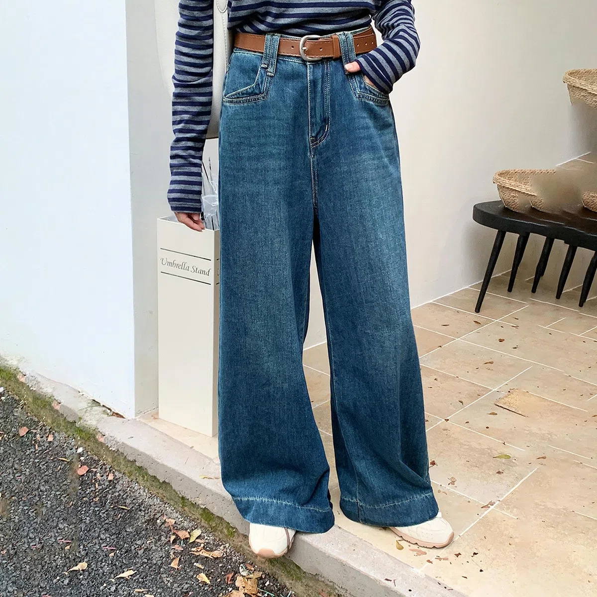 Pantalones Vaqueros de Tiro Alto y Pierna Ancha para Mujer, Holgados y Rectos - Azul ámbar - M