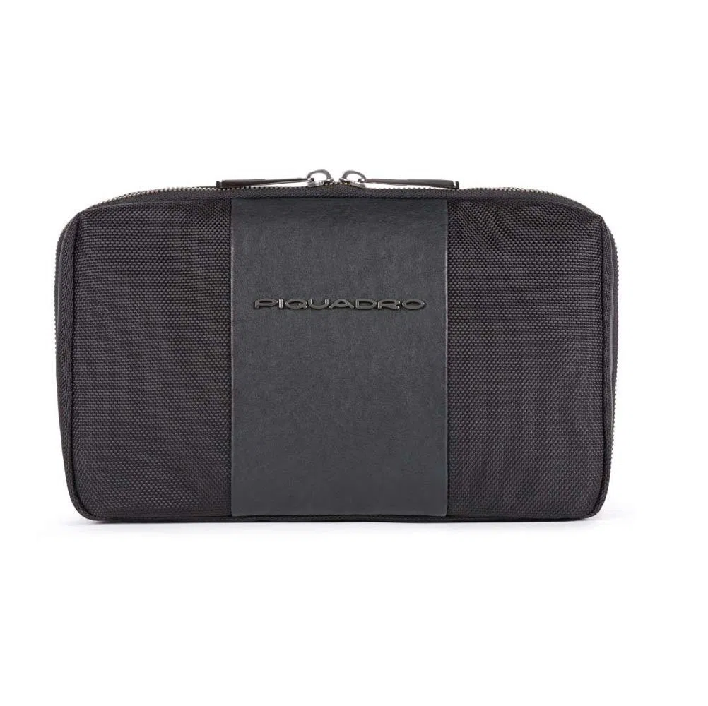 Piquadro - Estuche Para Cables 3 Compartimentos en Piel - Unisex - Negro | Tejido reciclado, Organizador de cargadores, Accesorios tech, Oficina y estudio, Desplazamientos