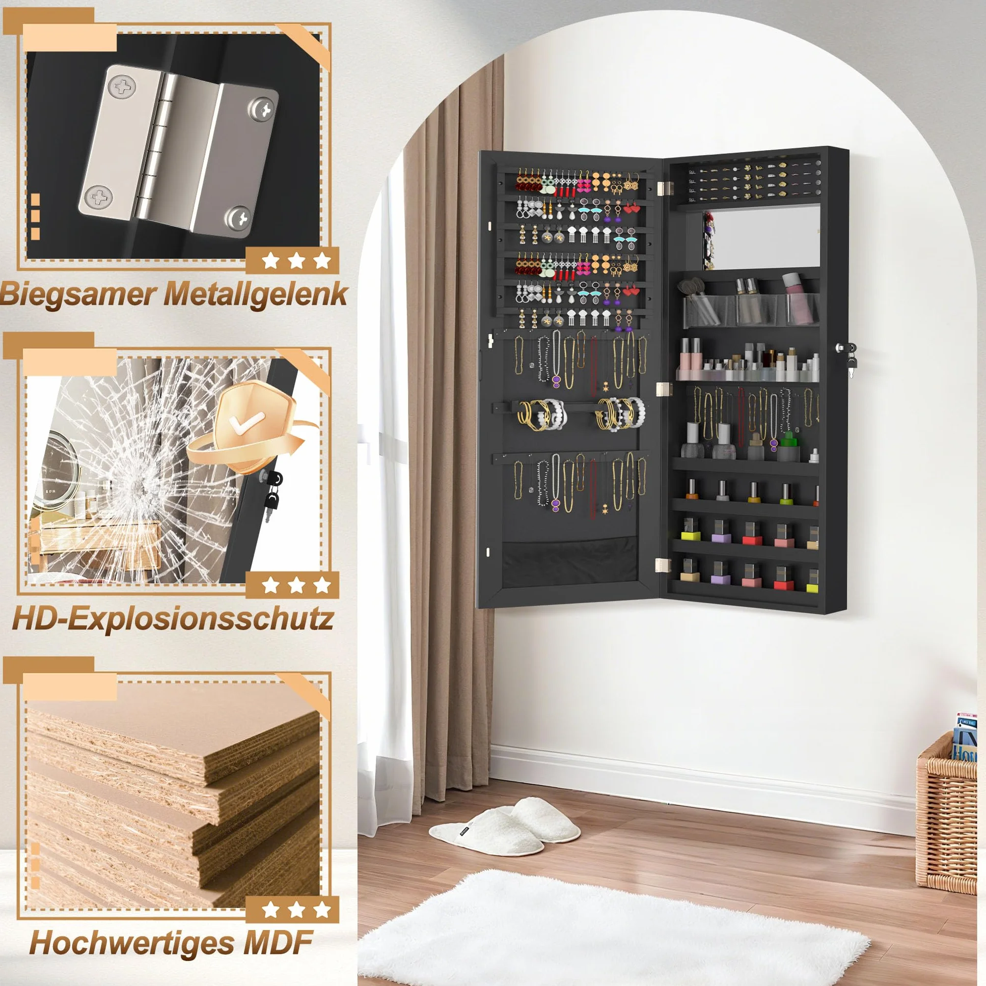 FIVMEN Mueble para joyería con espejo, mueble de pared, joyero colgante con cerradura, organizador de maquillaje 2 en 1 con espejo de cuerpo entero, espejo de pie, negro