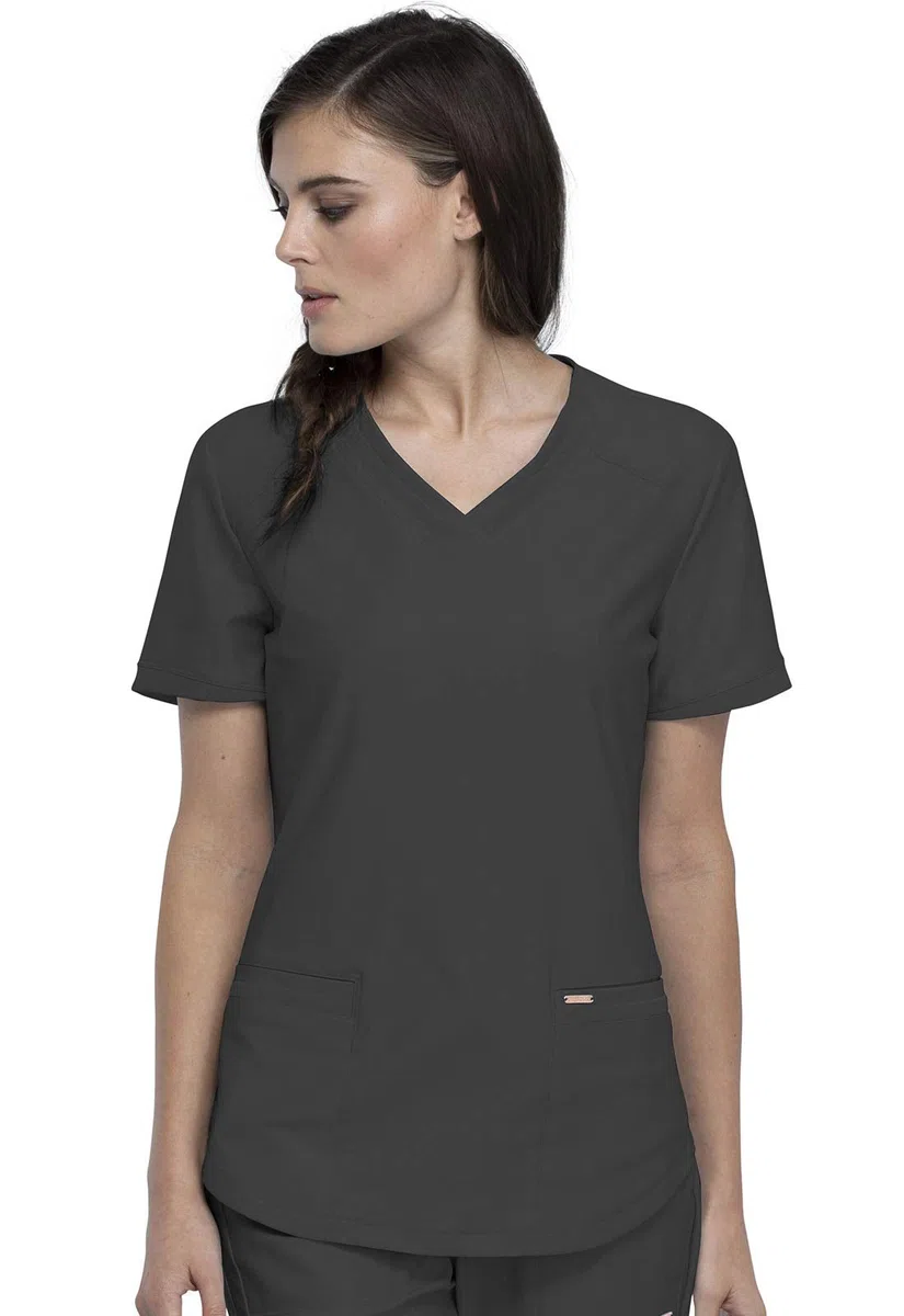 Cherokee Conjunto de uniforme médico para mujer, 7 bolsillos, cuello en V, dobladillo curvado CK840 y pantalón de pierna cónica de tiro medio CK095, peltre, parte superior L/XL pantalón alto