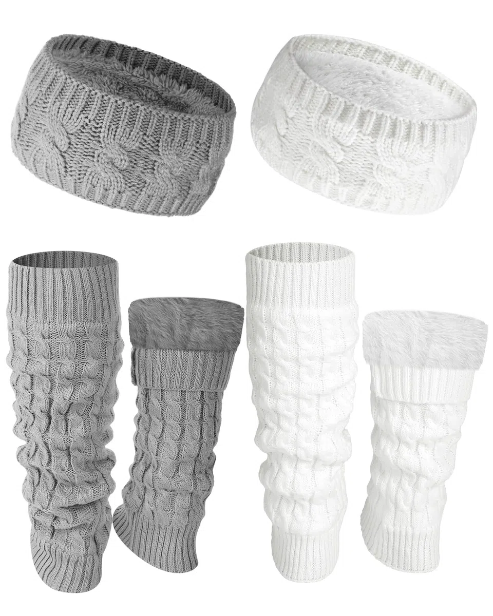 Chuarry Juego de 4 calentadores de piernas y diadema para patinaje artístico, calentadores de piernas de forro polar para invierno, diadema trenzada para mujeres y niñas