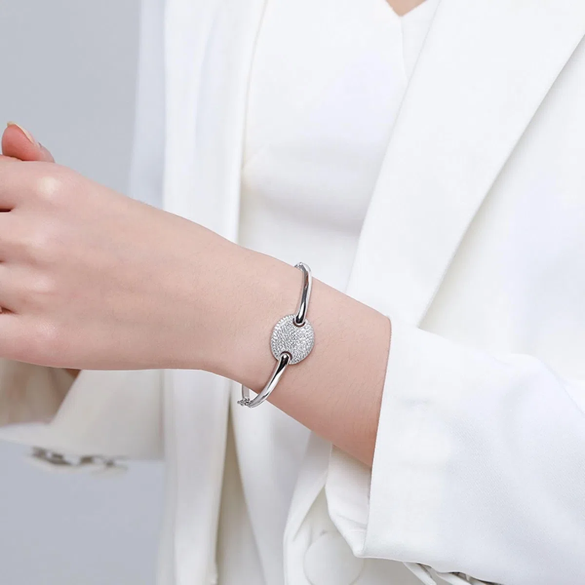 Brazaletes Mujer Oro Blanco 9 K / 14 K / 18 K, Redondo con Moissanita, Cadena 16 CM, Pulsera de Mujer de Plata